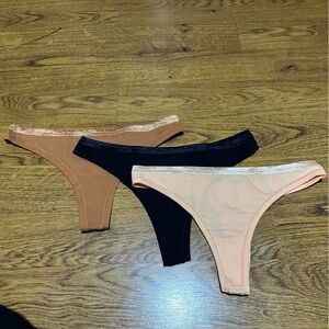 Set of Three Lace Trim Thongs KNICKEY organic cotton blend Large black nude tan